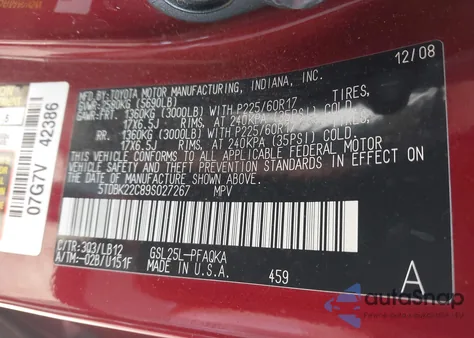 2009 Toyota Sienna Limited из США, поврежденный, VIN 5TDBK22C89S027267